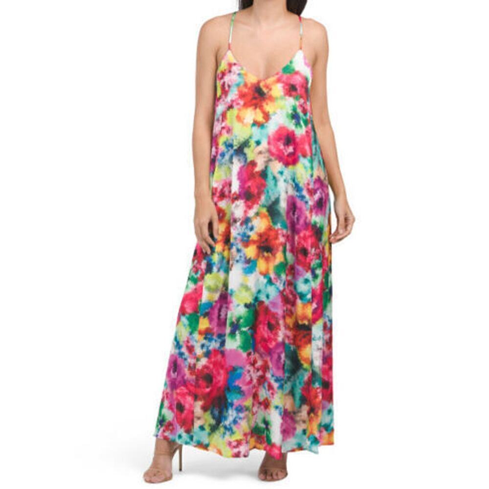 Nicole Miller Watercolor Floral Satin Slip Maxi Dress Size S